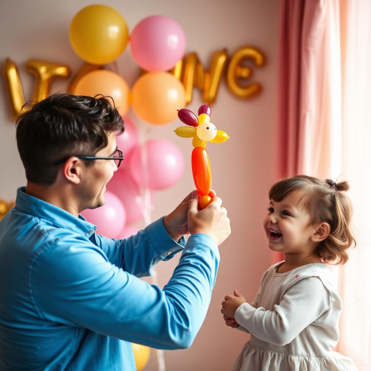 Entertainer making a balloon animal for a delighted child