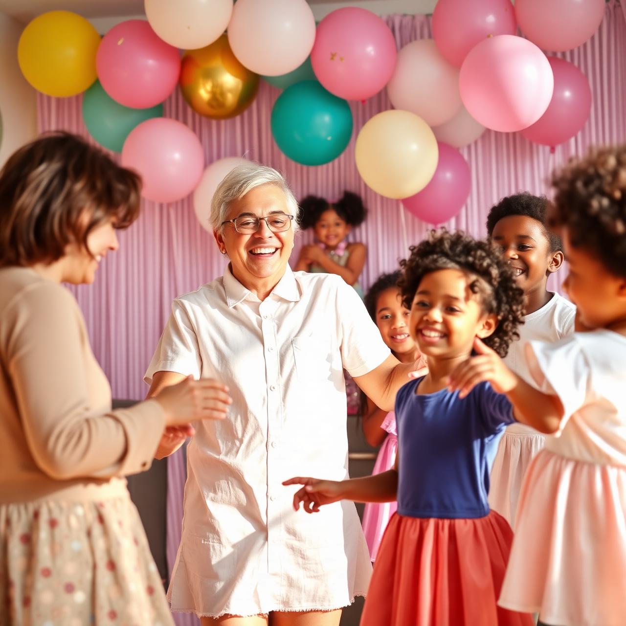 Kids entertainer leading games with happy children