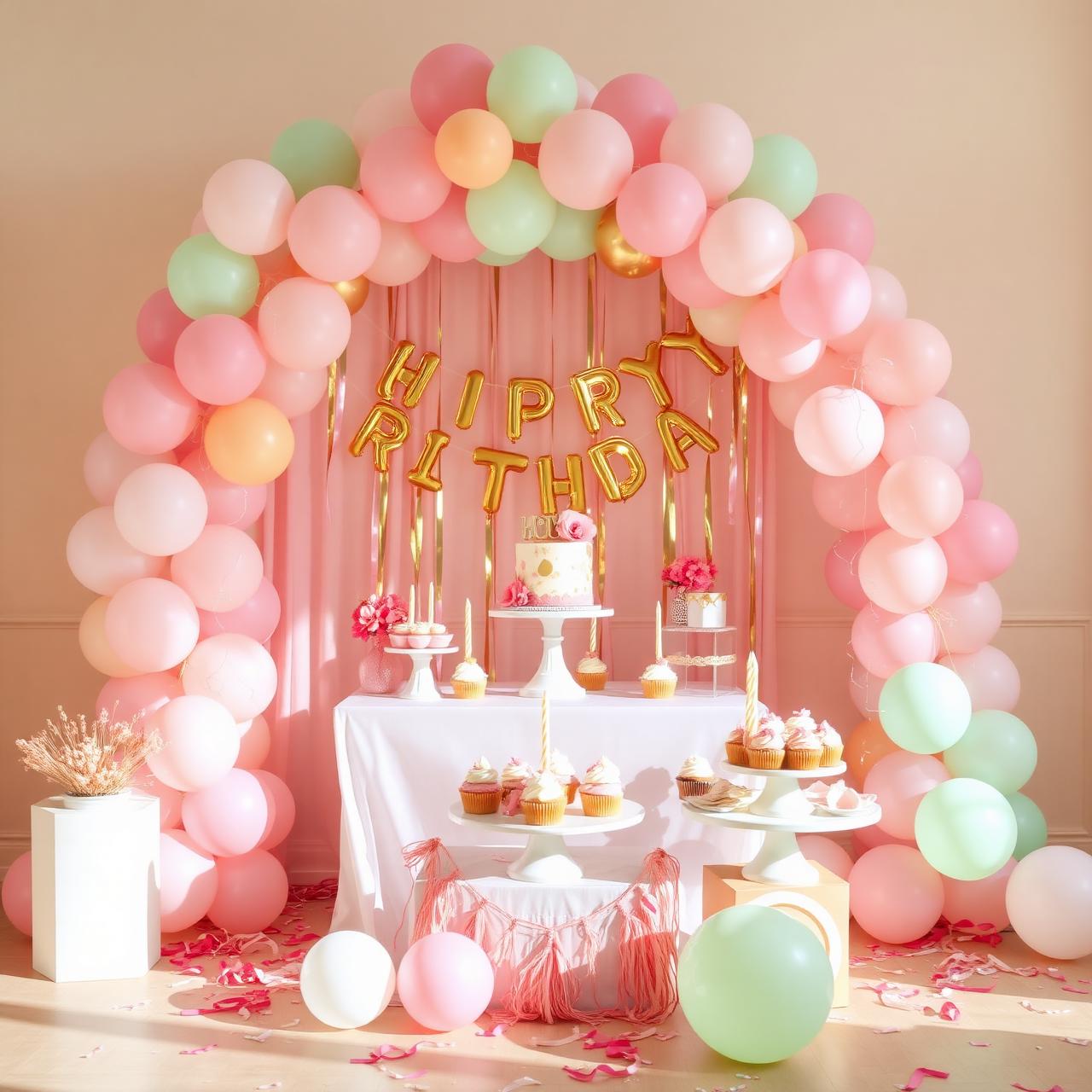 Colorful kids party setup with balloon arch